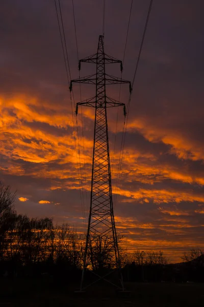 Electric Tower Sunset Colorful Dramatic Sky — Stock Photo, Image