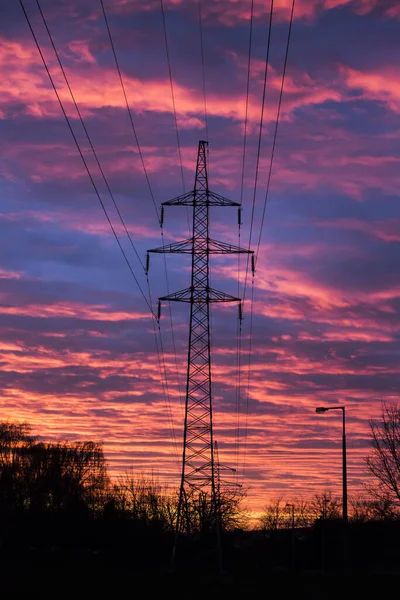 Electric Tower Sunset Colorful Dramatic Sky — Stock Photo, Image