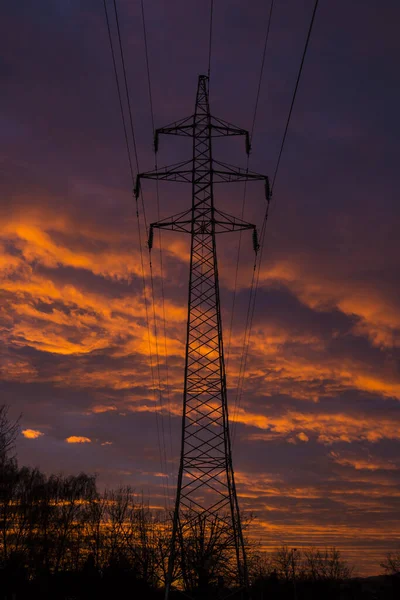 Electric Tower Sunset Colorful Dramatic Sky — Stock Photo, Image