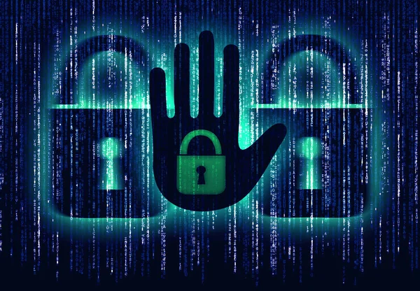Símbolo Segurança Internet Com Mão Caráter Binário Cadeado — Fotografia de Stock