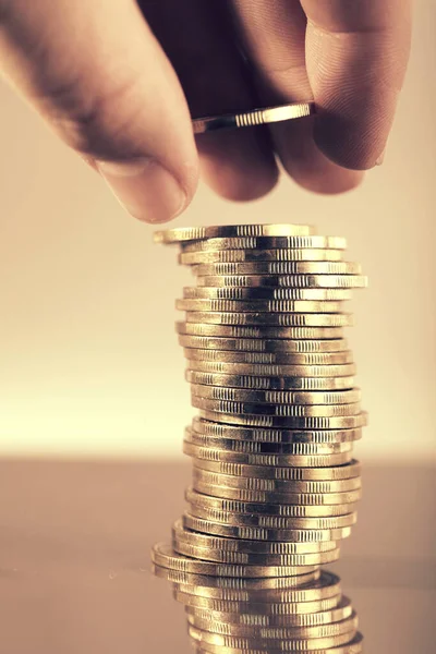 Finger Put Coin Coin Stack — Stock Photo, Image