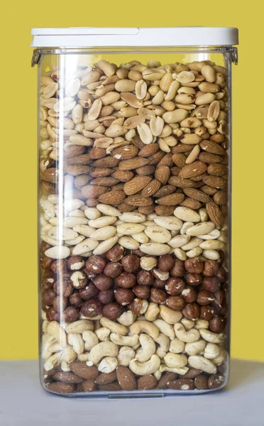 Jar Full Oil Seeds Almond Hazelnut Cashew Nut — Stock Photo, Image
