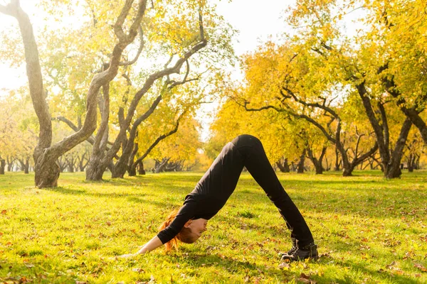 Woman doing yoga in autumn park — Stock Photo, Image