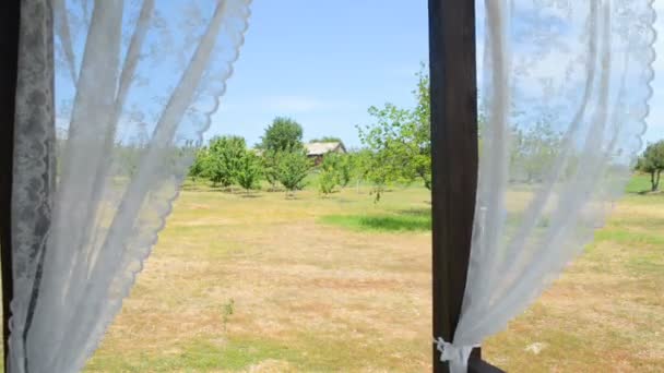 Blick aus der Veranda mit Vorhängen, die im Wind flattern — Stockvideo