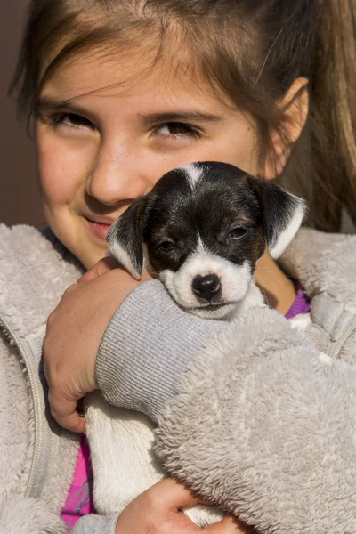 Schönes Kleines Mädchen Mit Hund — Stockfoto