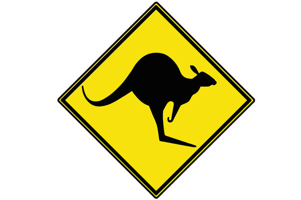 A black on yellow Kangaroo warning sign. A diamond shaped illustration showing A Kangaroo warning sign with a Kangaroo shape or icon isolated as a silhouette shown in black on yellow border. 