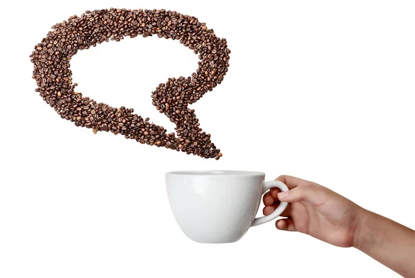 Geïsoleerde Hand met Cup en Coffee Bean tekstballon — Stockfoto