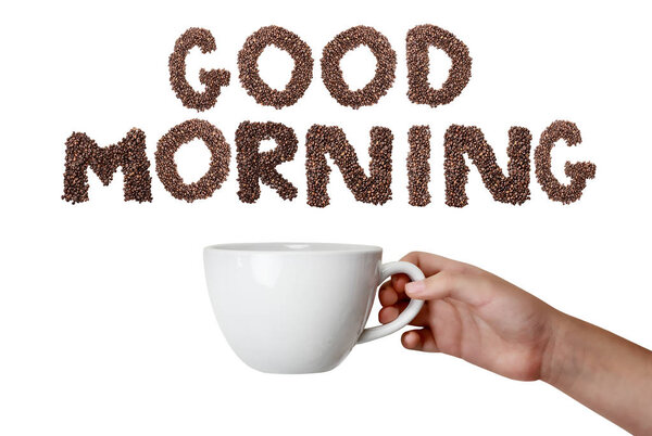 Isolated Hand Holding Coffee Cup With Good Morning Text