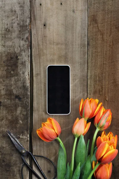 Telefone celular e tulipas — Fotografia de Stock