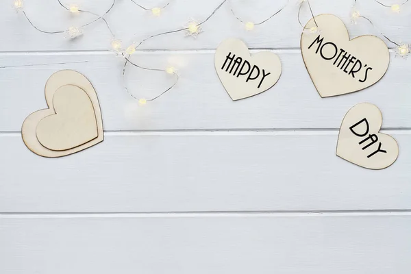 Happy Mother's Day over Hearts with Fairy Lights — Stock Photo, Image