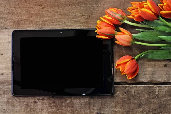 Tablette und Tulpen leer — Stockfoto