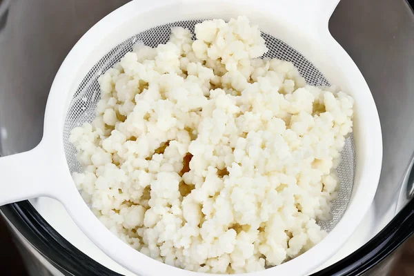 Friss Kefir szemcsék a szűrő — Stock Fotó