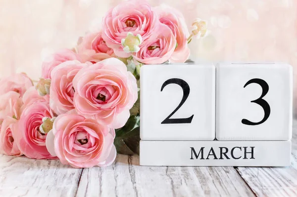 白色的木日历 日期为3月23日 粉色的兰花在木制桌子上 背景模糊的选择性重点 — 图库照片