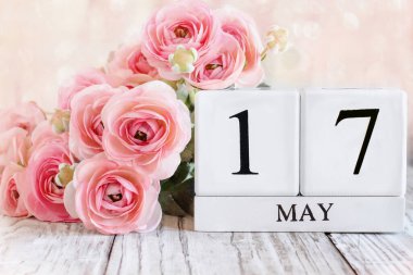 17 Mayıs tarihli beyaz tahta takvim blokları ve ahşap bir masanın üzerinde pembe ranunculus çiçekleri. Bulanık arkaplan ile seçmeli odak. 