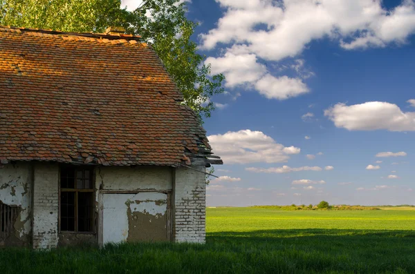 Verlassenes Landhaus und landwirtschaftliche Felder an sonnigen Sommertagen — Stockfoto