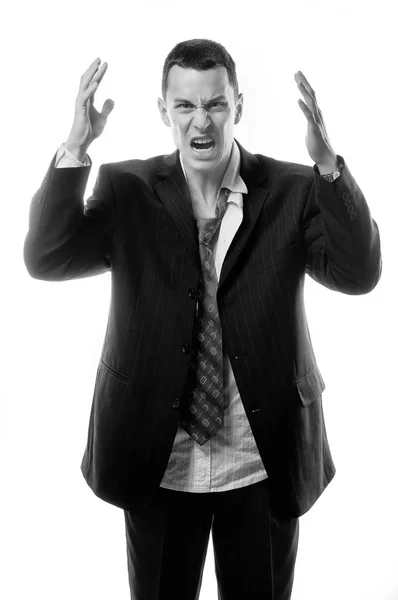 Homem de negócios irritado gritando isolado no fundo branco — Fotografia de Stock