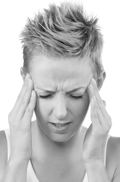 Jonge vrouw met een hoofdpijn, die haar hand pijn — Stockfoto