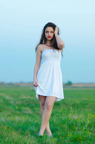 Retrato de la hermosa chica de pie en el prado — Foto de Stock