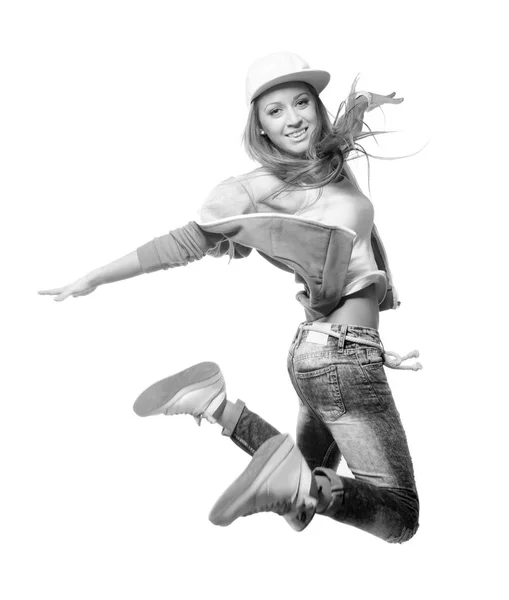 Hip hop dancer jumping high in the air isolated on white background — Stock Photo, Image