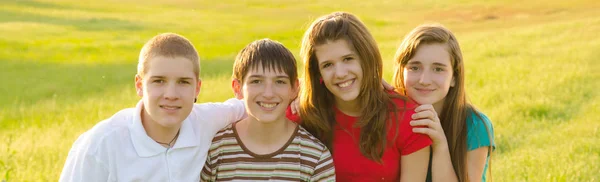 Four happy teenage boys and girls having fun on the meadow on sunny summer day — Stock Photo, Image