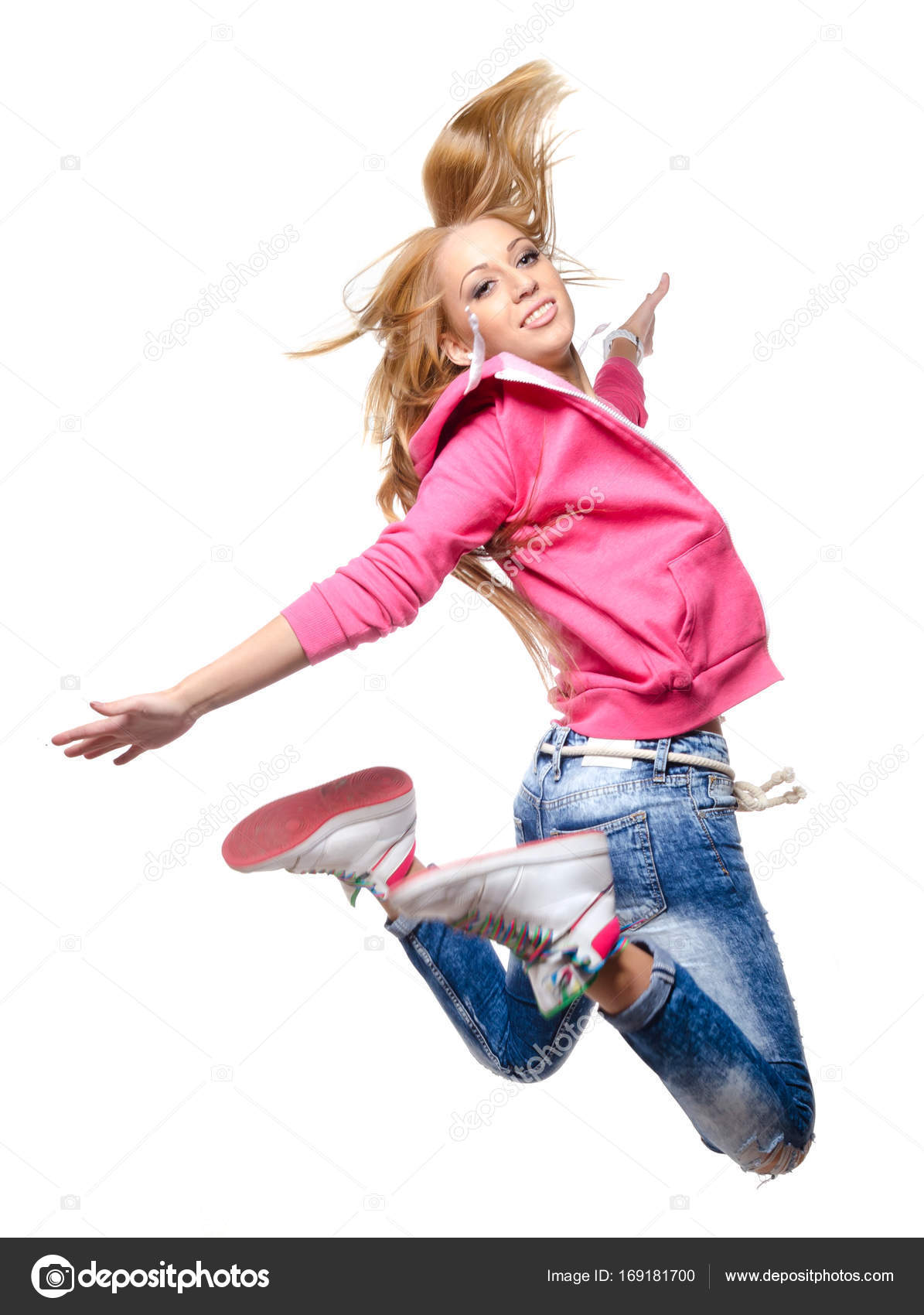 Hip hop dancer woman jumping high in the air — Stock Photo © prudkov
