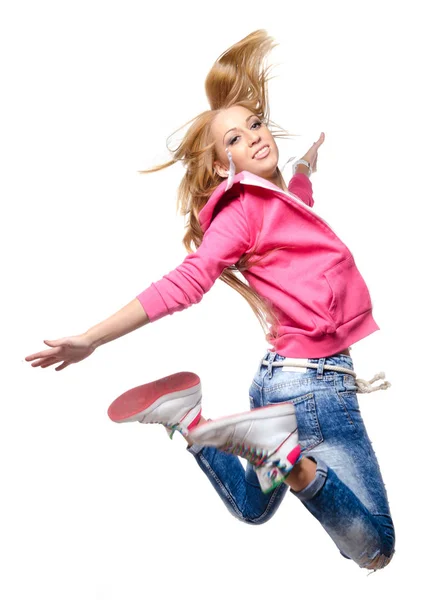 높은 공중에서 점프 하는 힙합 댄서 여자 — 스톡 사진