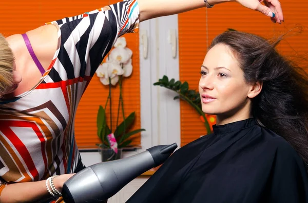 Парикмахер сушит каштановые волосы красивой счастливой женщины — стоковое фото