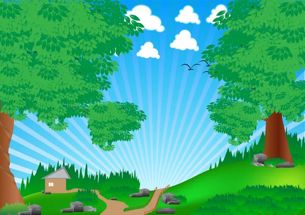 ベクトル図、木と緑の風景牧草地岩空と雲 — ストックベクタ