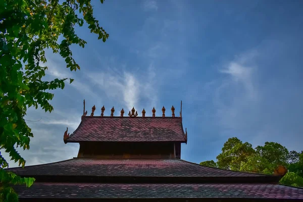 明るい空、公園でパビリオンの屋根に座る — ストック写真