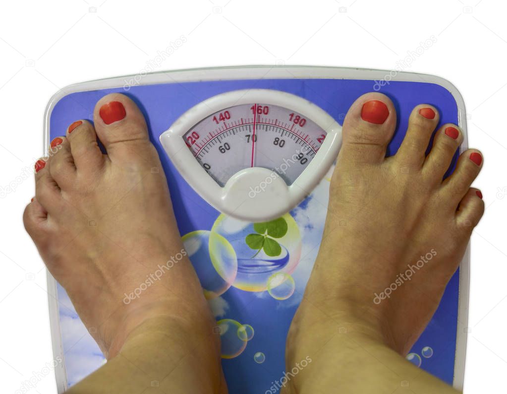 Person Measuring Body Weight On Weighing Scale, isolated On a wh