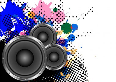 Arka plan, hoparlör ve müzik aletleri renkli ve heyecan verici