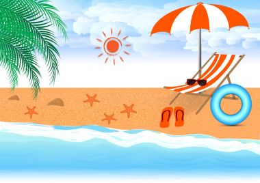 Sahilde Sahilde Şemsiye ve Sandalyeyle Yaz Sahil Vektör Tasarımı