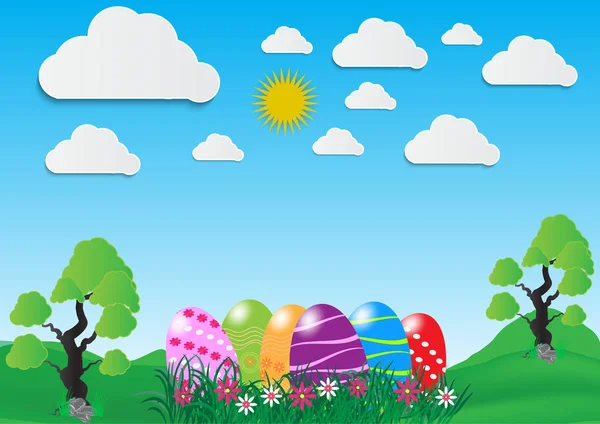 Uova di Pasqua decorative su erba verde e nube bianca, illustrazione vettoriale — Vettoriale Stock