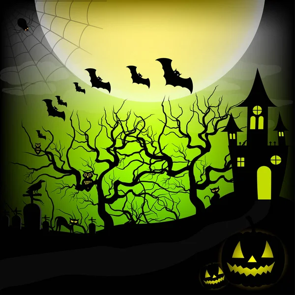 Fondo de noche de Halloween con calabaza, casa embrujada y luna. Ilustración vectorial — Vector de stock