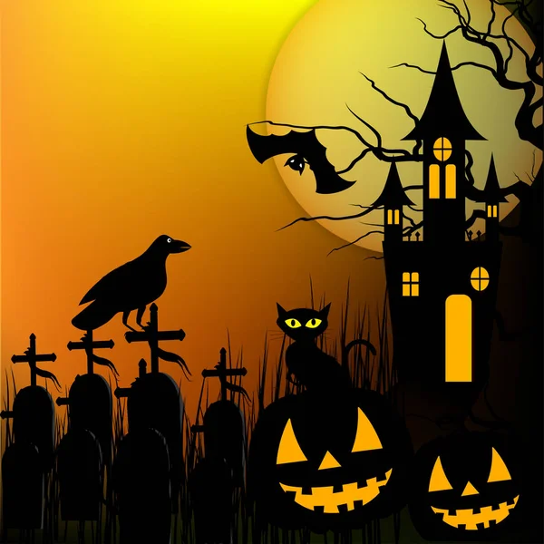 Fundo de Halloween com abóbora, gato preto e casa assombrada para festa de Halloween. Ilustração vetorial —  Vetores de Stock
