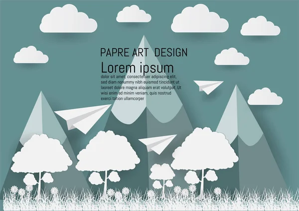 Illustration du paysage naturel et concept d'écologie idée, ciel avec nuage et montagne.conception par l'art du papier et de style artisanal — Image vectorielle