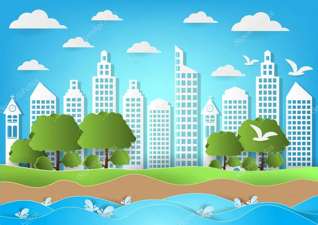 Environment of city with sea and beach background. paper art style vector illustration