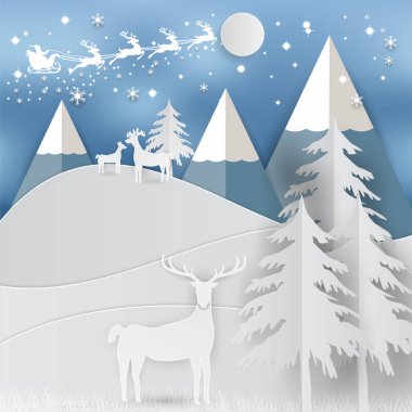 Kış tatil kar ve dağ arka plan ile Noel Baba, geyik ve ağaç. Noel sezon kağıt sanat stil illüstrasyon
