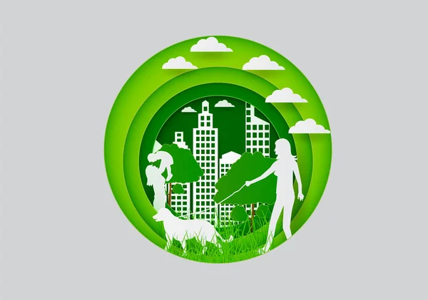 Papier Snijden Aan Mensen Gemeente Groen Papier Kunst Concept Ecologie — Stockfoto