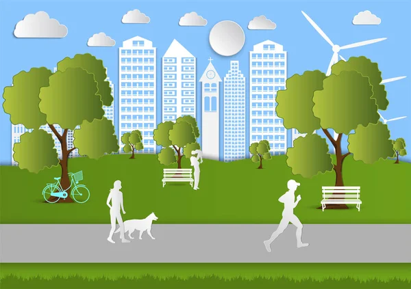 Бумажная Живопись Люди Гуляют Городским Паркам Экологическая Идея Векторная Иллюстрация — стоковое фото