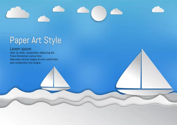 Papierkunst Wellen Mit Segelboot Und Wolken Vektorillustration — Stockfoto