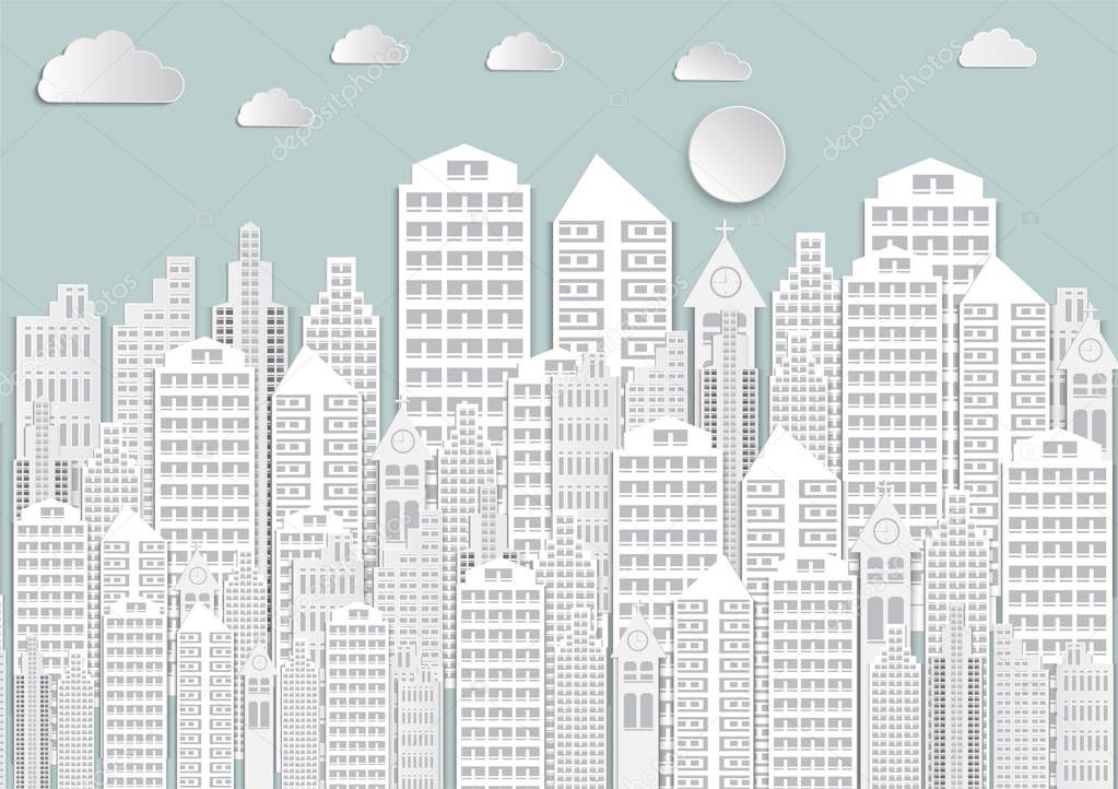 Paper art of white city with sky and Clouds.vector illustration background