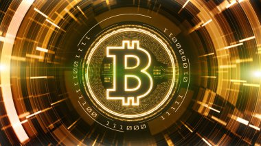 Dijital siber uzayda Bitcoin para birimi işareti. Teknoloji Ağı 