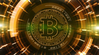 Dijital siber uzayda Bitcoin para birimi işareti. Teknoloji Ağı 