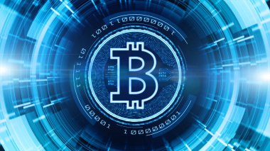 Dijital siber uzayda Bitcoin para birimi işareti. Teknoloji Ağı 