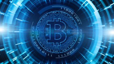Dijital siber uzayda Bitcoin para birimi işareti. Teknoloji Ağı 