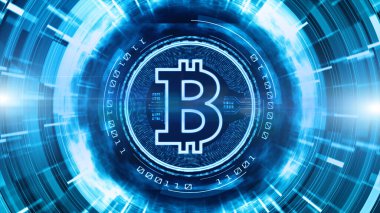 Dijital siber uzayda Bitcoin para birimi işareti. Teknoloji Ağı 