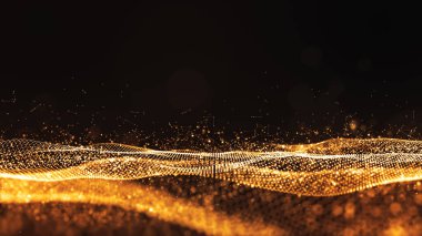 Dijital parçacıklar altın rengi dalga akışı soyut arkaplan