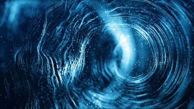 Mavi renkli dijital parçacıklar dalga akışı ve soyut hareketi bükme