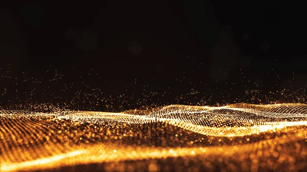 Partículas digitais cor ouro onda fluxo fundo abstrato — Fotografia de Stock